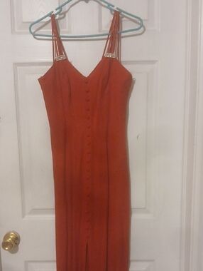 Sleek Rust-Red Maxi Dress with Multi-Strap Detail